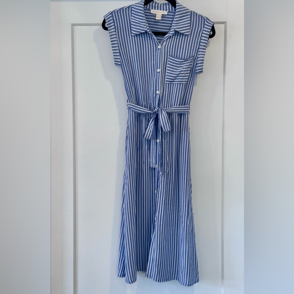 Monteau Los Angeles Blue & White Stripe Shirt Dress with Tie Belt - size XS